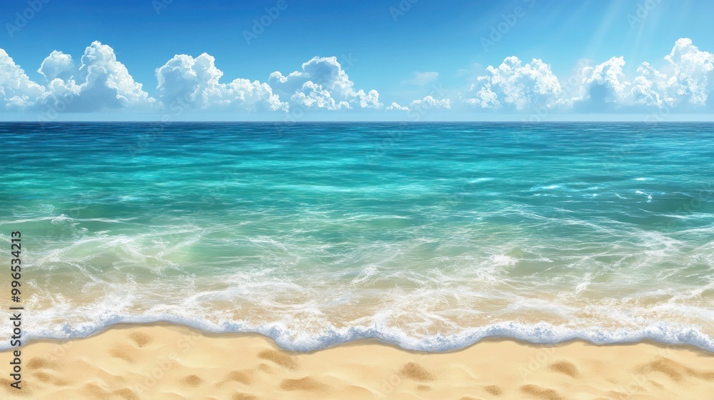 Fototapeta premium A serene beach scene showcasing turquoise waters and fluffy white clouds above, evoking tranquility and relaxation.