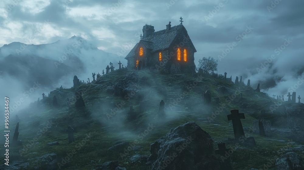 Fototapeta premium Eerie Haunted House on Hilltop with Glowing Orange Windows and Swirling Fog - Spooky Halloween Scene with Graveyard Ambiance