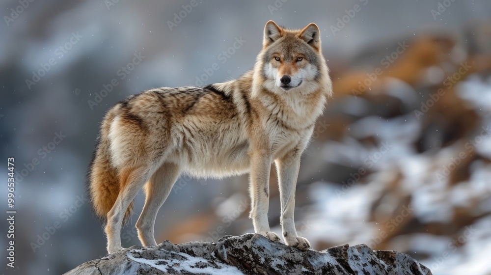 Naklejka premium Timber wolf stands on a felled tree against the background of mountains in winter 