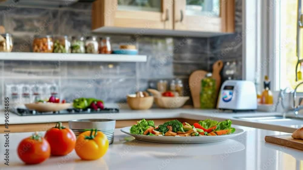 A well-arranged kitchen with fresh vegetables on a plate, showcasing healthy cooking. A well-arranged kitchen with fresh vegetables on a plate, showcasing healthy cooking.