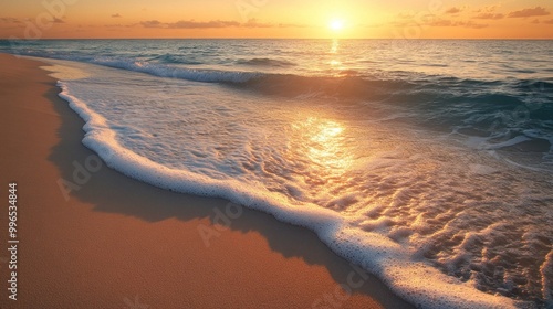 Tranquil Sunset Beach with Golden Sand and Gentle Waves for Text Overlay