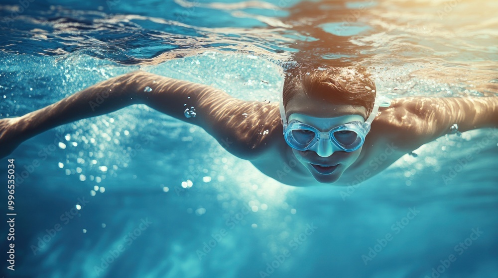 Naklejka premium A young Caucasian male swimmer dives into the water with goggles, showcasing determination and focus.
