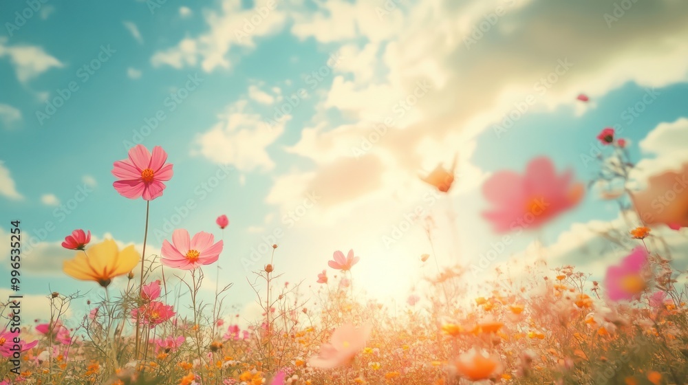 Obraz premium A vibrant field of blooming flowers in soft pink and orange hues against a sunny blue sky.