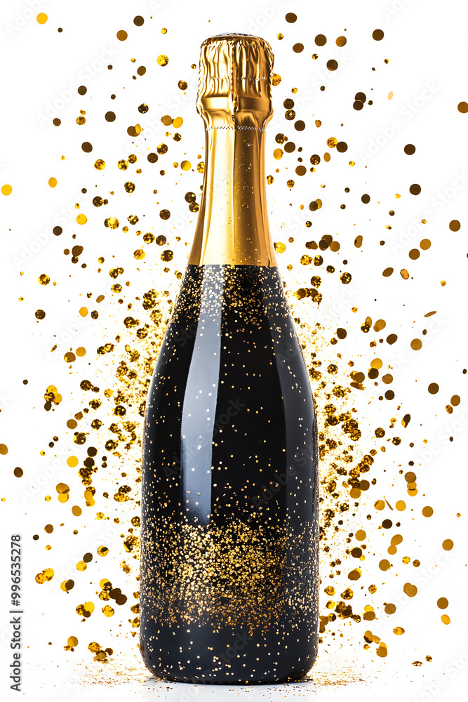 Fototapeta premium Bottle of champagne with golden glitter or powder splash isolated on beige background