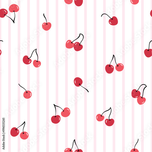 Cute gingham seamless pattern. Vector iilustration. Cherry on pink striped background. Texture for print, textile, fabric.