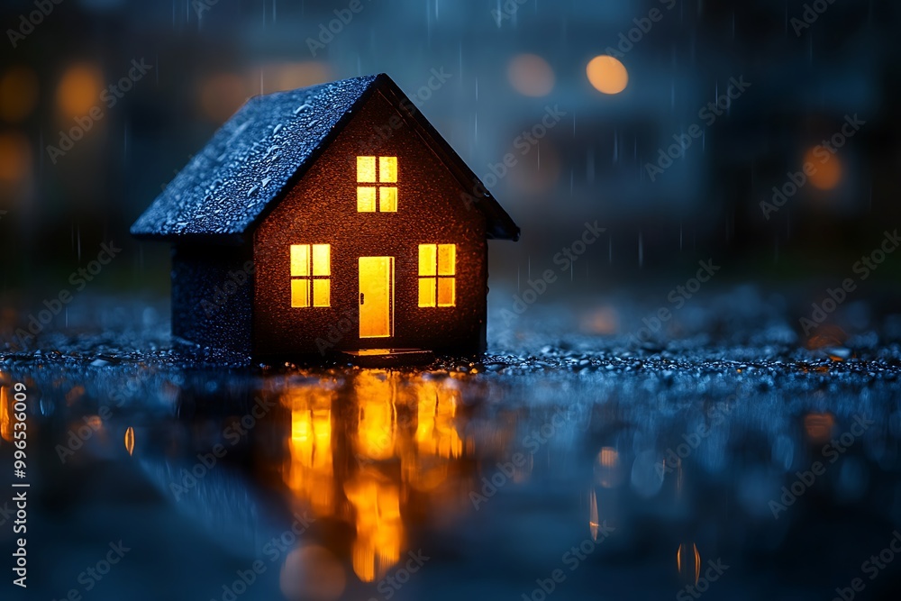A miniature house stands illuminated in the pouring rain at night A miniature house stands illuminated in the pouring rain at night