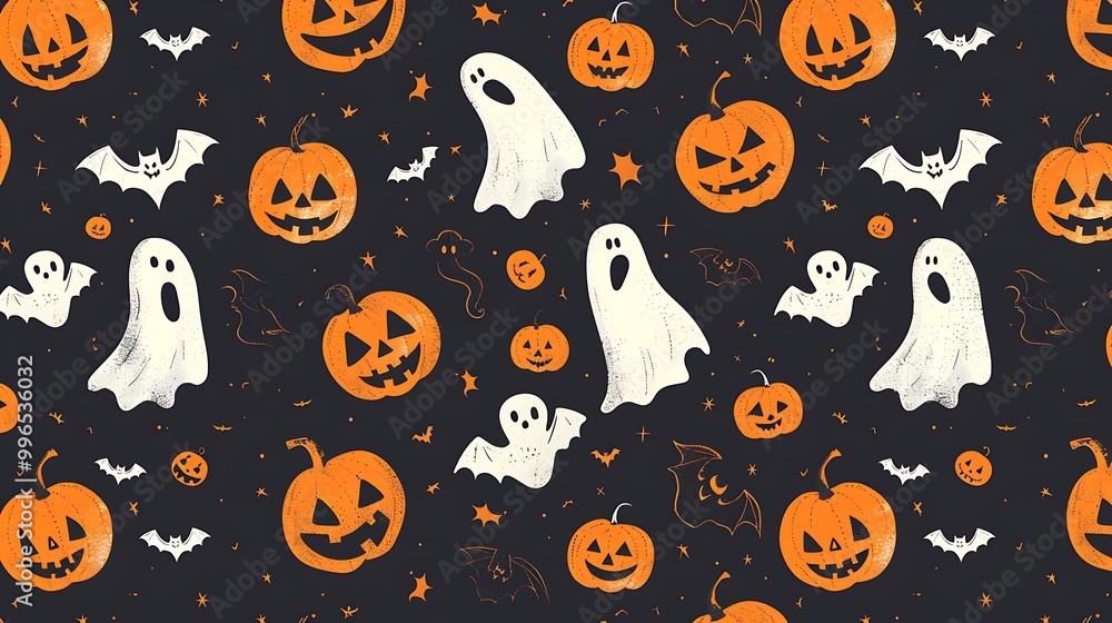 Halloween pattern with jack-o'-lanterns, ghosts, and bats, repeating in orange and black, festive and playful Halloween pattern with jack-o'-lanterns, ghosts, and bats, repeating in orange and black, festive and playful