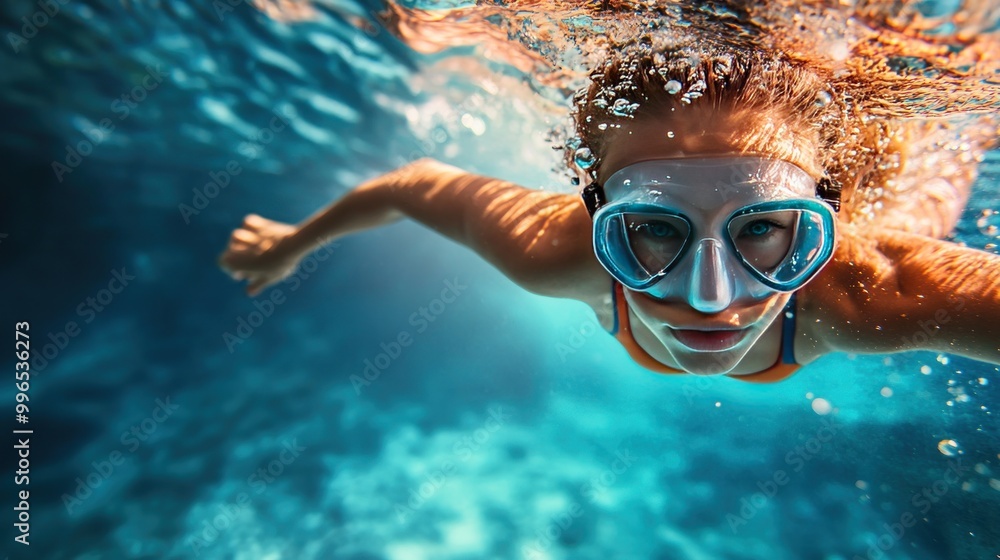 Fototapeta premium A young Caucasian woman with blonde hair swims underwater, wearing diving goggles and enjoying the vibrant, blue water.