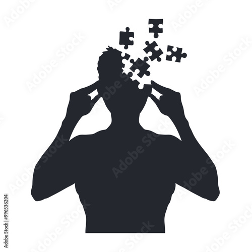 Isolated silhouette of a thinking man with puzzle pieces from his head. Mental health concept. Drawing for a psychology book. Contour of a depressed guy