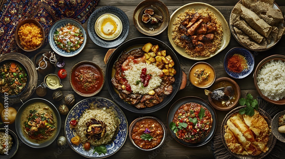 A Feast of Middle Eastern and Asian Dishes on a Wooden Table