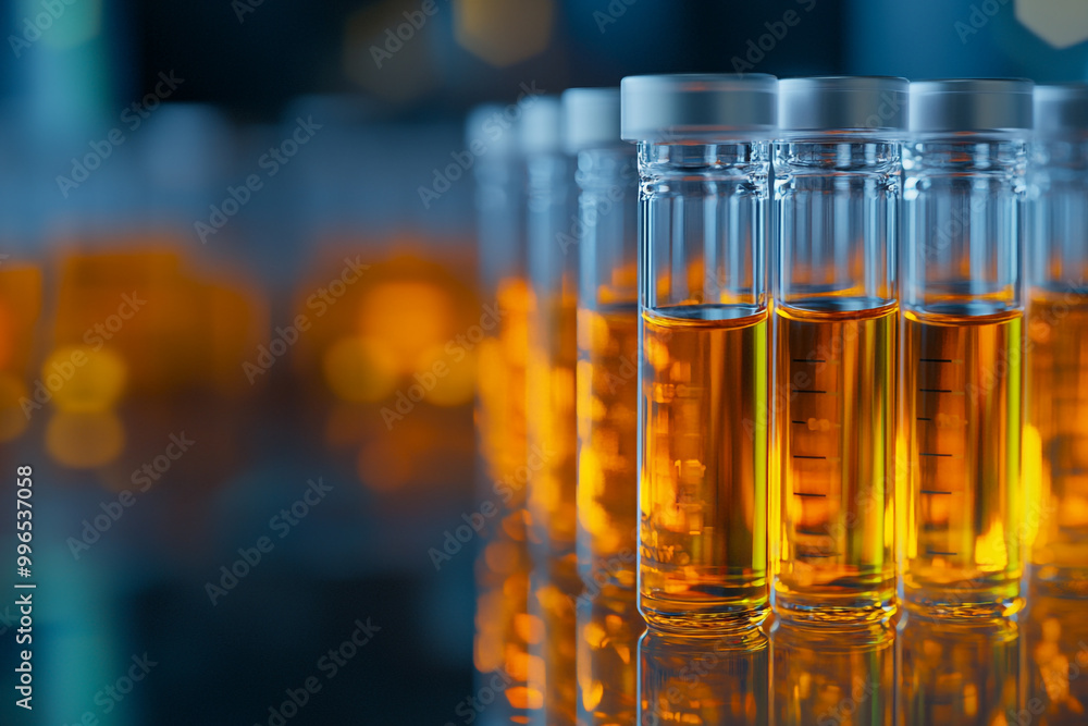 Photograph of multiple small glass vials filled with orange liquid on a dark background. Photograph of multiple small glass vials filled with orange liquid on a dark background.