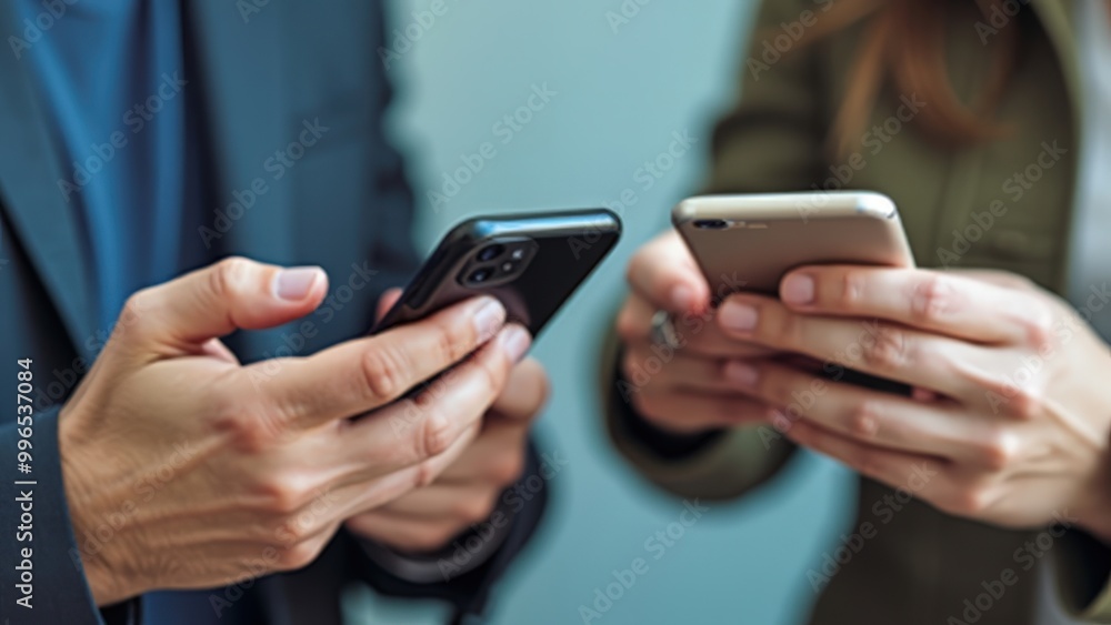 Modern communication captured: two individuals using smartphones, reflecting the digital age’s impact on daily life and the significant role of mobile technology in contemporary social interactions. Modern communication captured: two individuals using smartphones, reflecting the digital age’s impact on daily life and the significant role of mobile technology in contemporary social interactions.