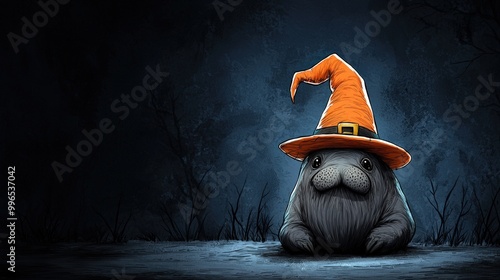 A cute creature wearing an orange witch hat in a dark spooky environment. photo