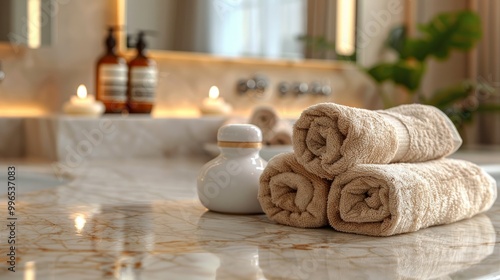 Towels and ceramics shampoo and soap on marble counter in bathroom background. 