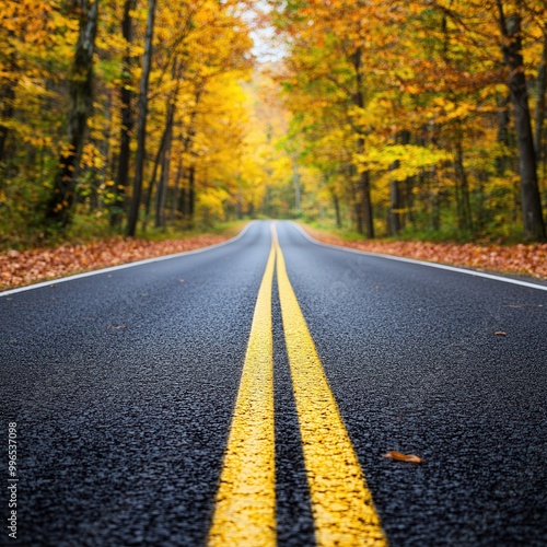 Scenic autumn road with vibrant foliage on both sides, perfect for travel inspiration.