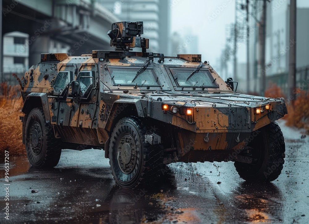 Armoured military vehicle parked in an urban environment during a rainy day Armoured military vehicle parked in an urban environment during a rainy day