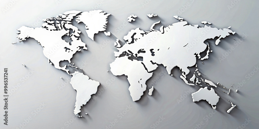 Fototapeta premium White world map on white background with shadow or 3d effect.