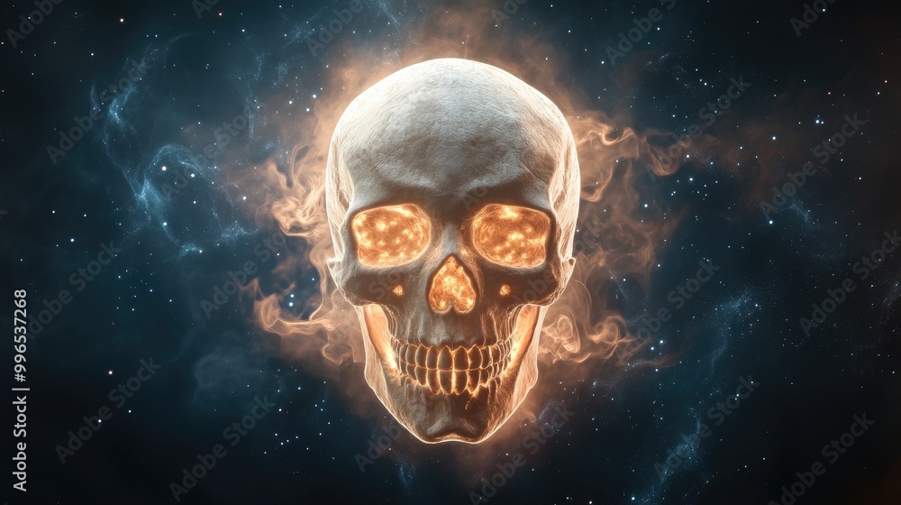 A glowing skull suspended in a cosmic backdrop, symbolizing the fusion of life, death, and the mysteries of the universe. A glowing skull suspended in a cosmic backdrop, symbolizing the fusion of life, death, and the mysteries of the universe.