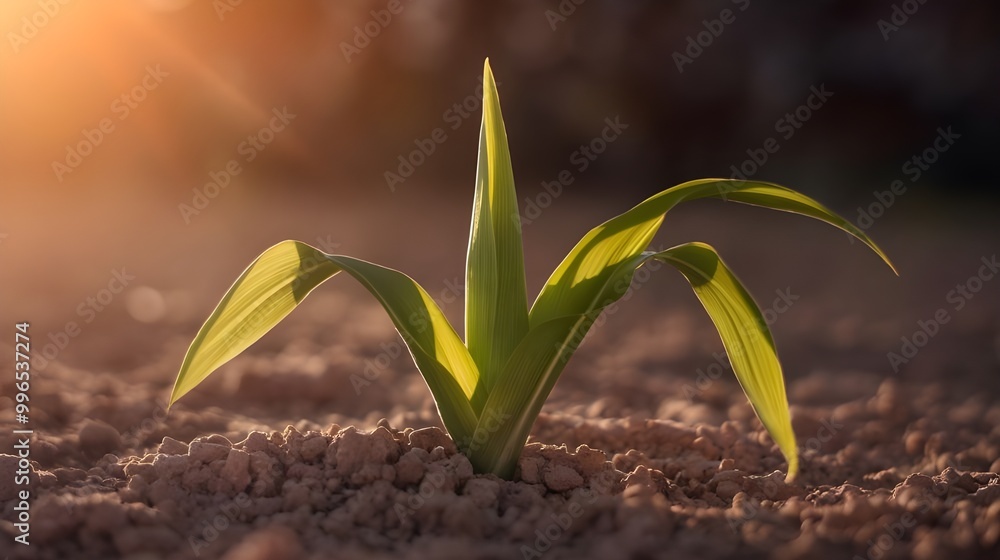 Fototapeta premium Green Sprout Growing in Soil at Sunset