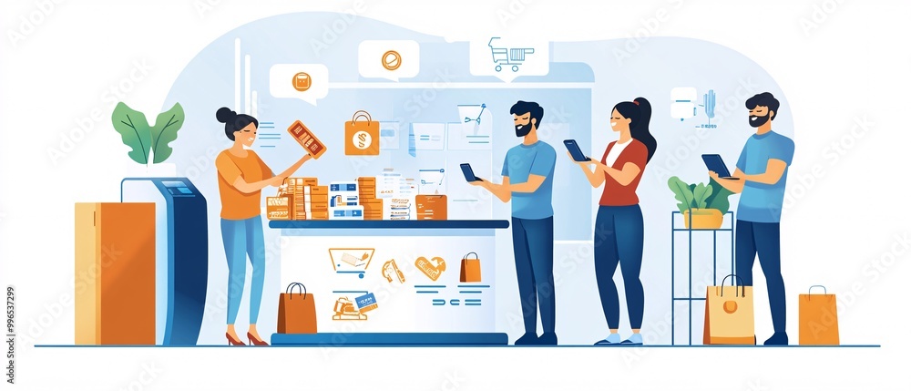People Buying Online at a Checkout Counter. People Buying Online at a Checkout Counter.
