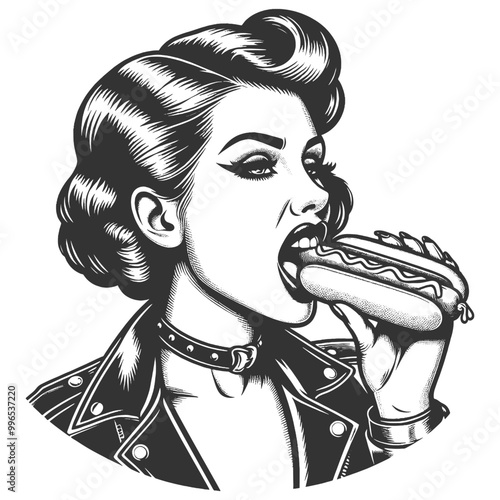 punk woman with a leather jacket and choker, eating a hot dog sketch engraving generative ai fictional character vector illustration. Scratch board imitation. Black and white image.