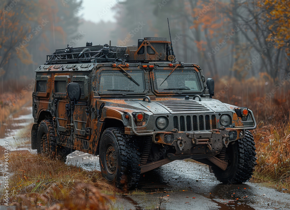 Obraz premium Armoured four-wheeled vehicle with camouflage parked on grass near a concrete road in a forested area during autumn