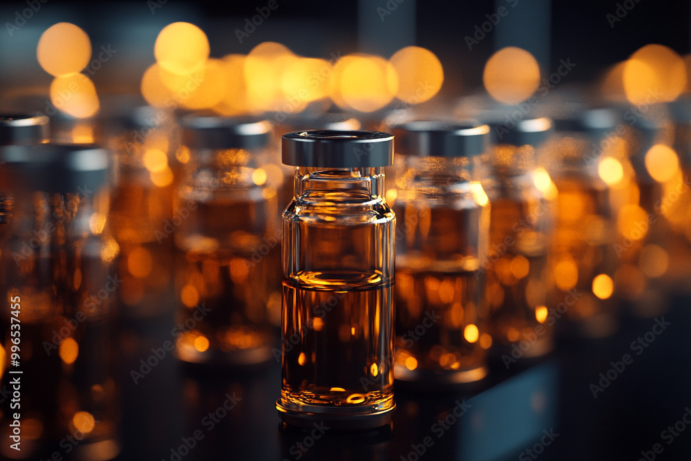 Photograph of multiple small glass vials filled with orange liquid on a dark background. Photograph of multiple small glass vials filled with orange liquid on a dark background.