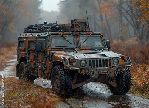 Armoured four-wheeled vehicle with camouflage parked on grass near a concrete road in a forested area during autumn photo