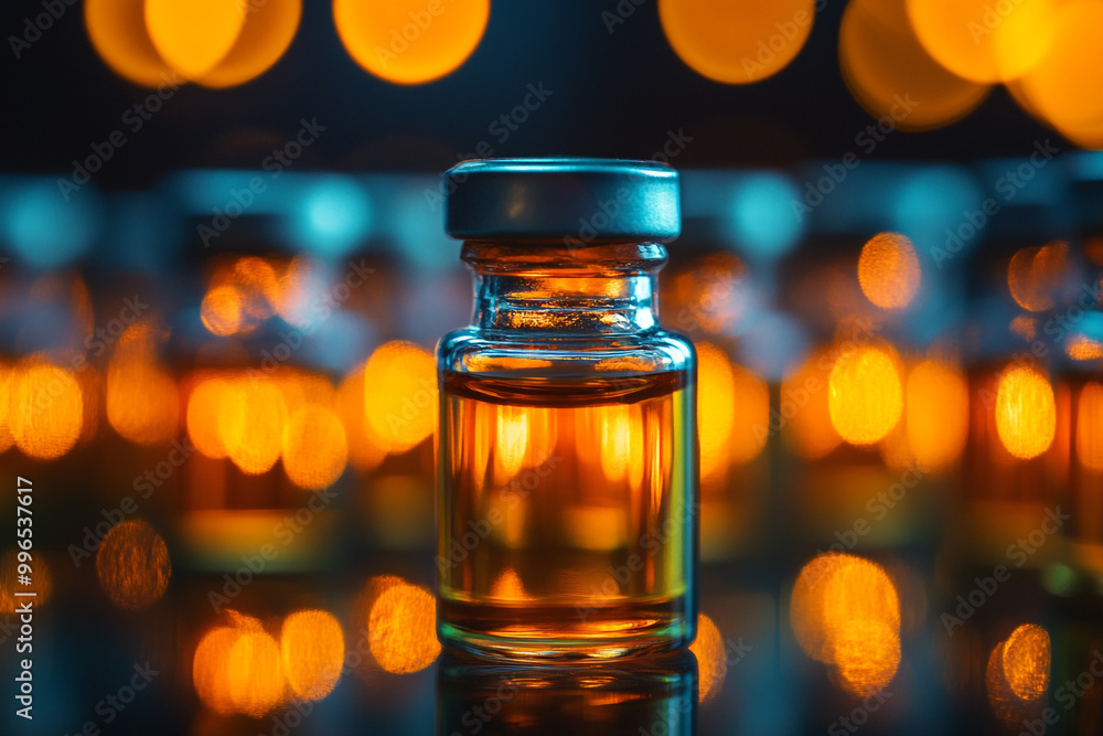 Photograph of multiple small glass vials filled with orange liquid on a dark background. Photograph of multiple small glass vials filled with orange liquid on a dark background.