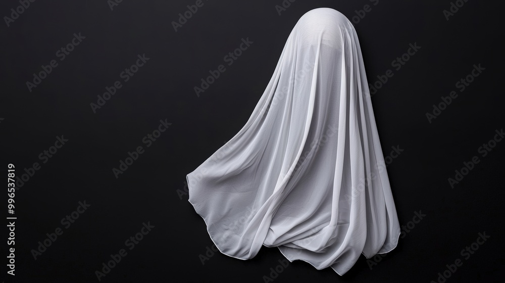 A spectral figure draped in white fabric against a dark background. A spectral figure draped in white fabric against a dark background.