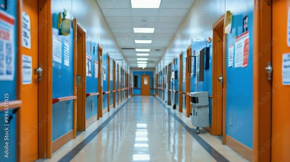 A clean, brightly lit corridor in a facility with blue walls and wooden doors. A clean, brightly lit corridor in a facility with blue walls and wooden doors.