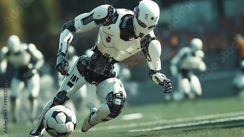 Visualize robots competing in sports or physical challenges, like robot soccer or racing.