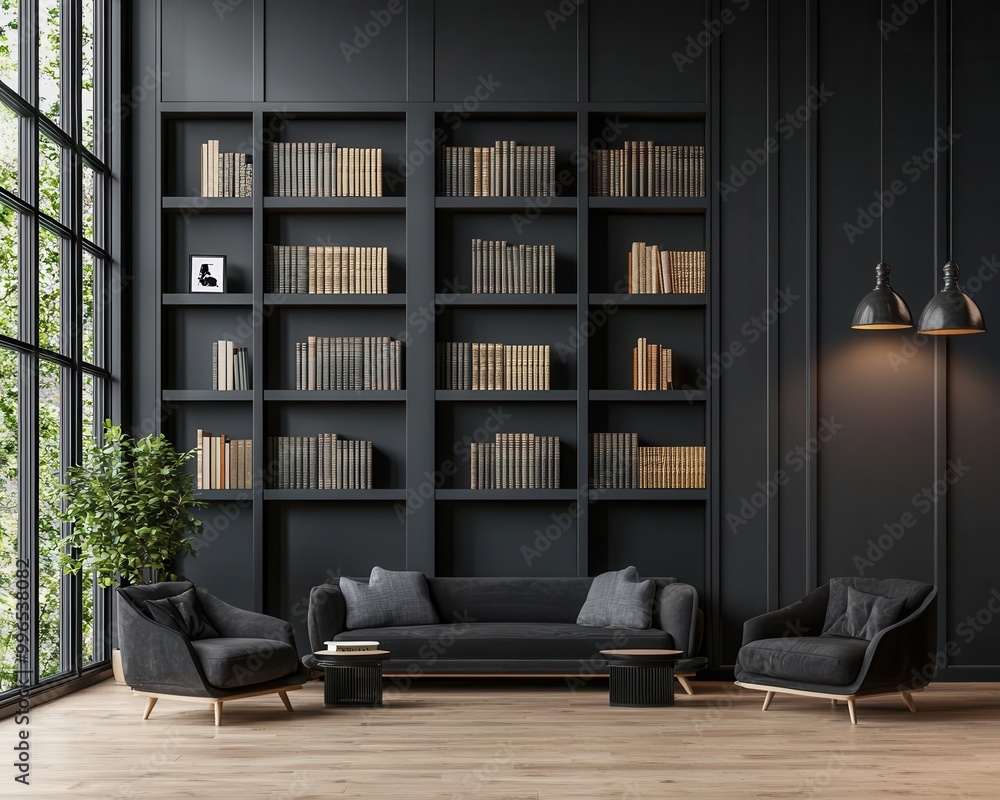 Luxurious bank lounge with velvet sofas, ambient lighting, library shelves, high-end client area, luxury relaxation Luxurious bank lounge with velvet sofas, ambient lighting, library shelves, high-end client area, luxury relaxation