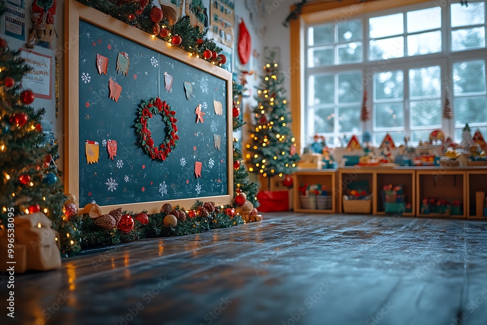 Christmas decorations in an empty classroom with a festive atmosphere Christmas decorations in an empty classroom with a festive atmosphere