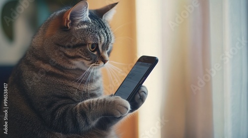 Curious Cat Holding a Smartphone