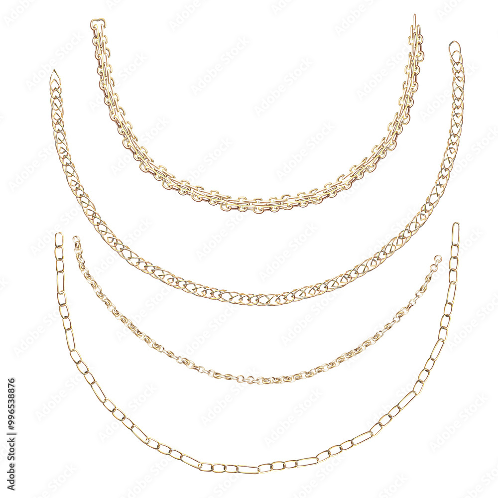 Set of curved semicircle chains in realistic style. Isolated watercolor illustration for design of magazines, web pages, jewelry blogs, fair and sales posters Set of curved semicircle chains in realistic style. Isolated watercolor illustration for design of magazines, web pages, jewelry blogs, fair and sales posters