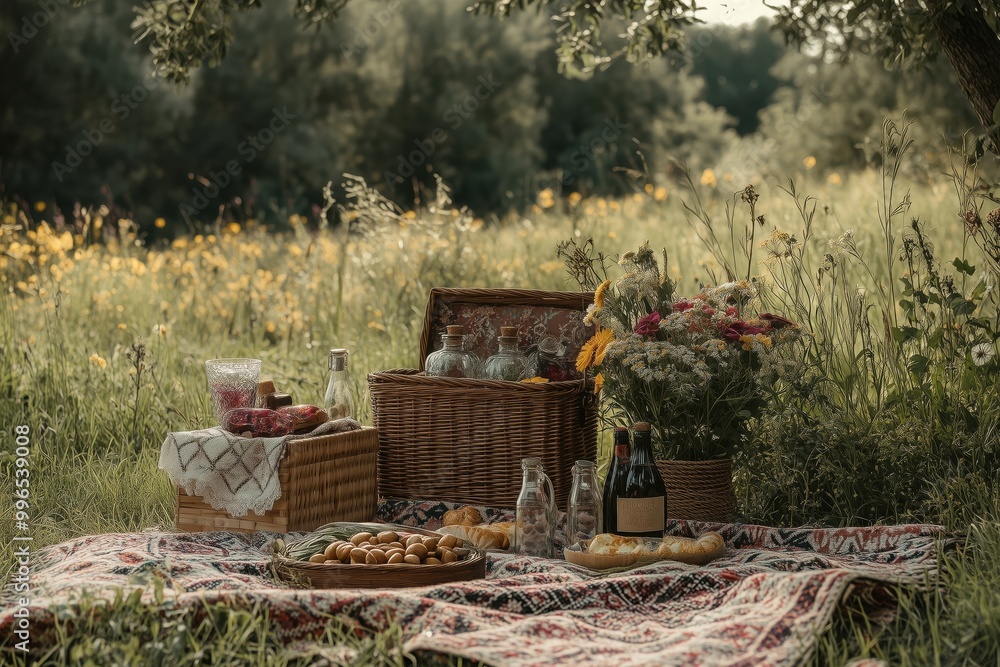 Rustic Bohemian Picnic with Wicker Basket, Flowers, and Wine in a Meadow Rustic Bohemian Picnic with Wicker Basket, Flowers, and Wine in a Meadow