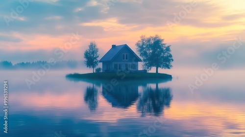 Solitary House on an Island at Sunrise