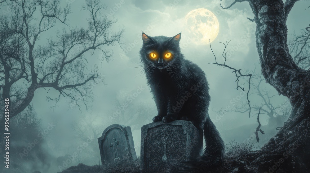 Eerie Black Cat on Gravestone in Foggy Moonlit Cemetery Eerie Black Cat on Gravestone in Foggy Moonlit Cemetery