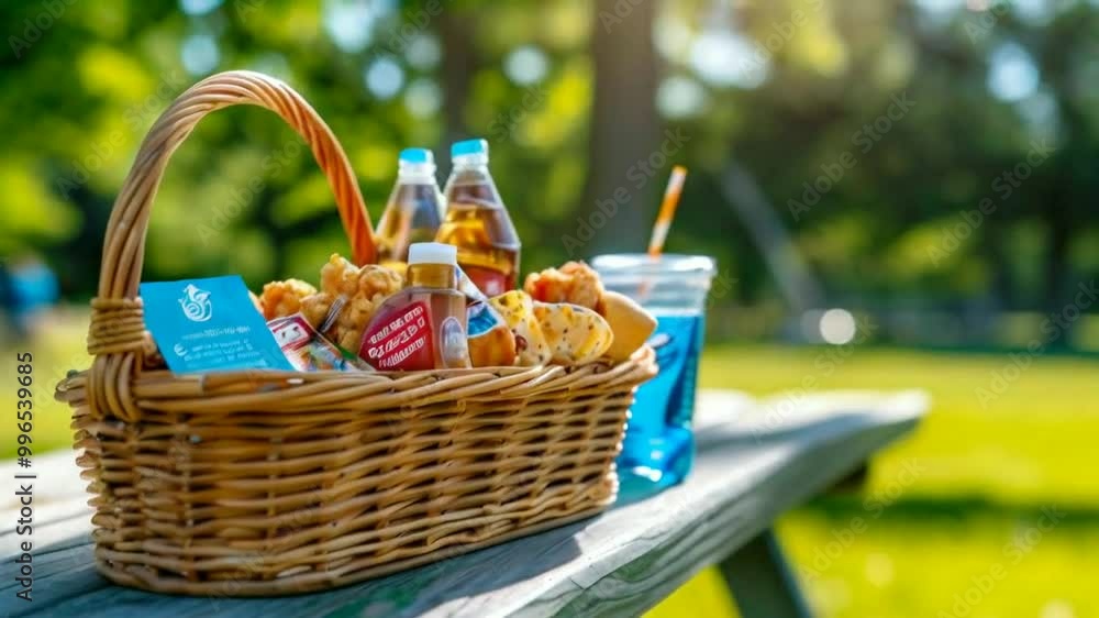 A picnic basket filled with snacks and drinks set on a table in a sunny outdoor environment. A picnic basket filled with snacks and drinks set on a table in a sunny outdoor environment.