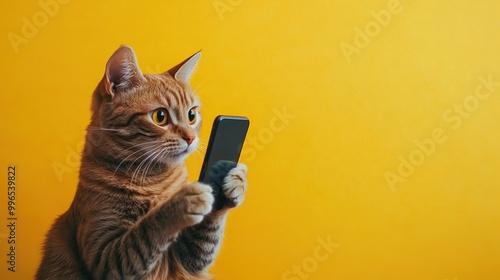 Orange Tabby Cat Using Smartphone on Yellow Background