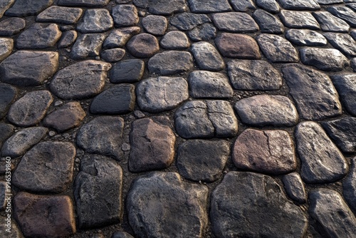 Cobblestone street texture, with uneven stones and weathered surfaces