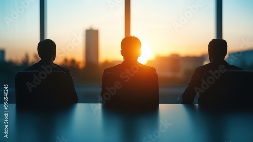 Silhouettes of three business professionals watching a sunset through large windows, symbolizing reflection and teamwork.