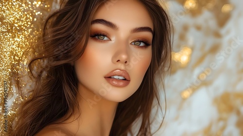 Beauty influencer showcasing glamorous makeup looks with a luxurious gold and marble background.