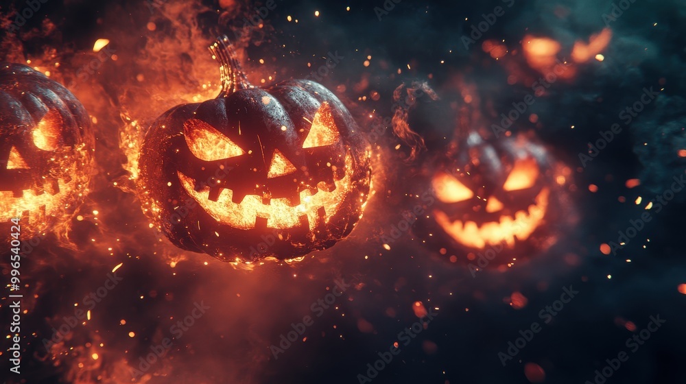 Naklejka premium Glowing Jack O'Lanterns Floating in Dark Atmosphere