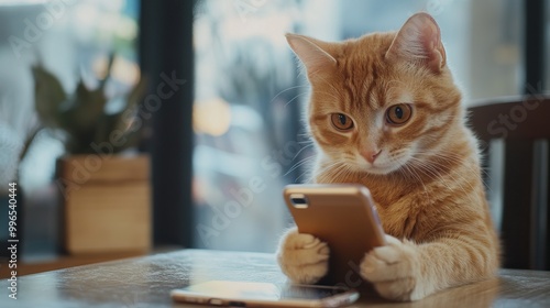 Orange Cat Uses Smartphone, Sitting at a Wooden Table