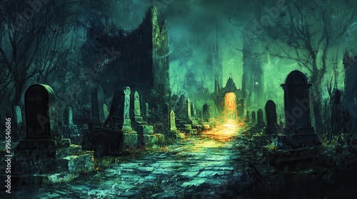 Glowing Pathway Through a Mysterious Graveyard