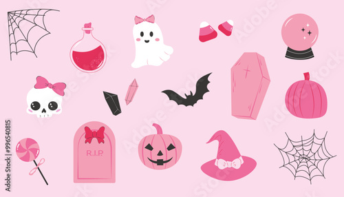 Set of Halloween elements. A trendy coquette style. 