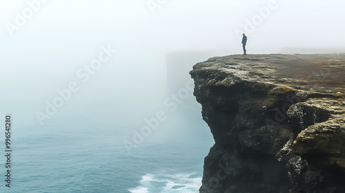 Person standing on edge of a rocky cliff overlooking the ocean on a foggy day, highlighting adventure, exploration, and nature. Rocky Cliff. Illustration