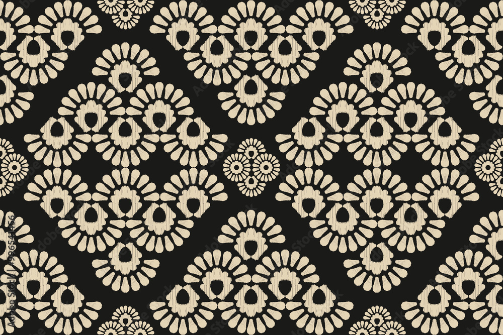 Fototapeta premium Ikat geometric folklore ornament. Oriental vector damask pattern. Ancient art of Arabesque. Tribal ethnic texture. Spanish motif on the carpet. Aztec style. Indian rug. Gypsy, Mexican embroidery.